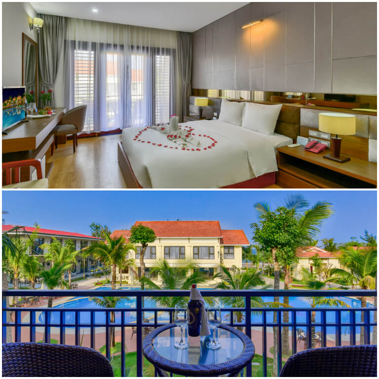 Hạng phòng Deluxe King Pool View trên cao sẽ được bố trí một ban công rộng rãi có bàn ghế giúp du khách có thể ngắm cảnh hồ bơi từ trên cao. 