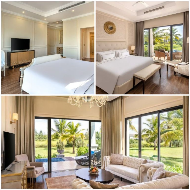 Hạng villa này có các gam màu như be, trắng, nâu gỗ kết hợp cùng các cửa kính trong suốt đem đến không gian sáng và thoáng đãng. (nguồn: booking.com)