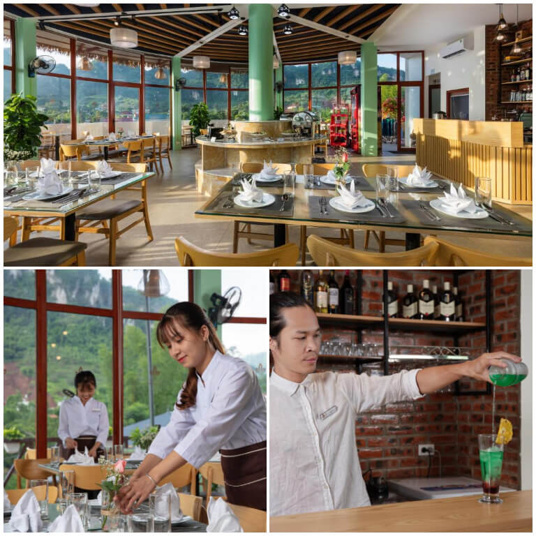 Nhà hàng phục vụ đa dạng các món ăn từ Á đến Âu, đặc biệt là đặc sản Tây Bắc với đội ngũ đầu bếp và nhân viên có nhiều kinh nghiệm và chuyên nghiệp.
