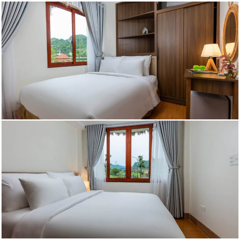 Phòng ngủ được trang bị giường đôi cao cấp dài 1m8x2m, nội thất trong phòng sử dụng chất liệu gỗ tự nhiên là chủ yếu khiến không gian trở nên vô cùng ấm cúng và gần gũi. 