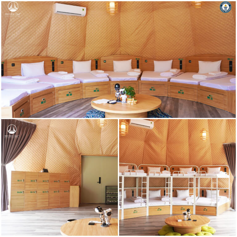 Phòng được trang bị các giường đơn cao cấp dài 1mx2m, bên cạnh giường có các chiếc tủ con để du khách có thể đựng đồ sinh hoạt cá nhân của mình.