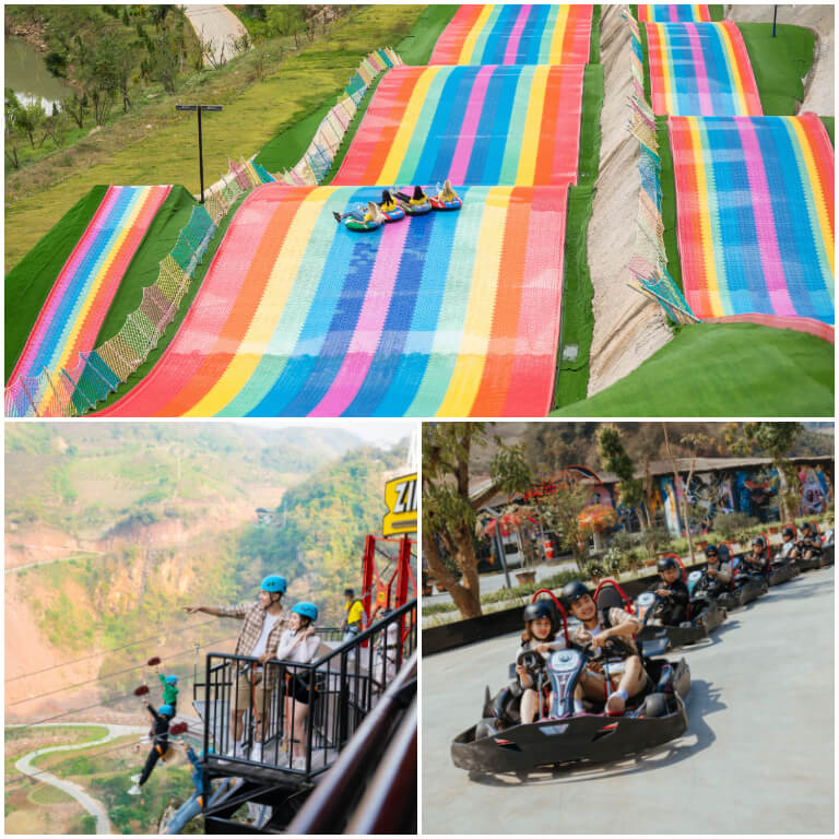 Một số trò chơi nổi bật tại Mộc Châu Island Mountain Park & Resort là trượt phao trên thảo nguyên xanh, zipline, khu vui chơi trẻ em,... với giá vé dao động từ 40.000đ-180.000đ. 