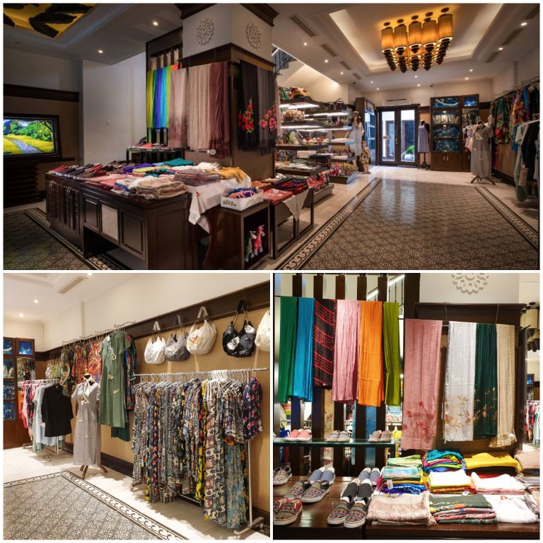 Khu vực mua sắm cung cấp đa dạng các sản phẩm từ quần áo, túi xách đến tượng gốm, móc khóa... 
