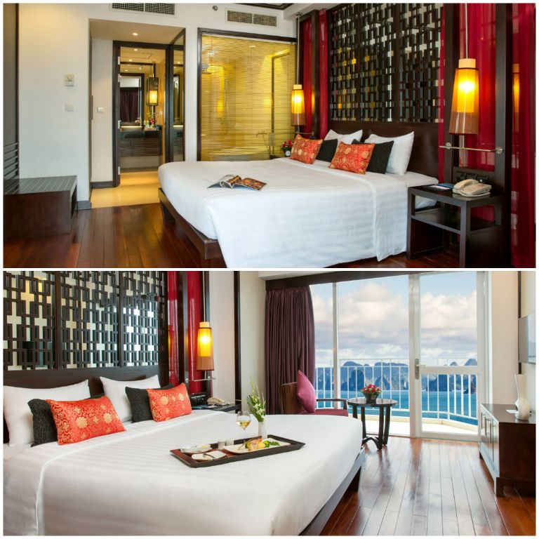 Phòng Suite được trang bị một phòng ngủ riêng biệt với 1 giường đôi cỡ King, nhà tắm bồn và ban công riêng hướng vịnh. (Nguồn: Internet)