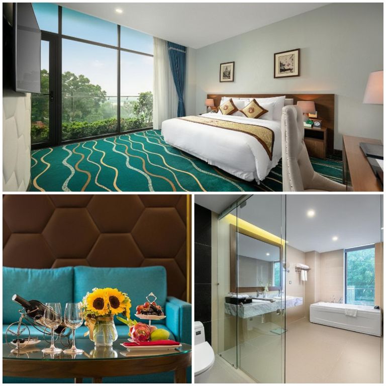 Phòng được thiết kế với màu xanh lá đặc trưng, phòng tắm jacuzzi hướng thiên nhiên.