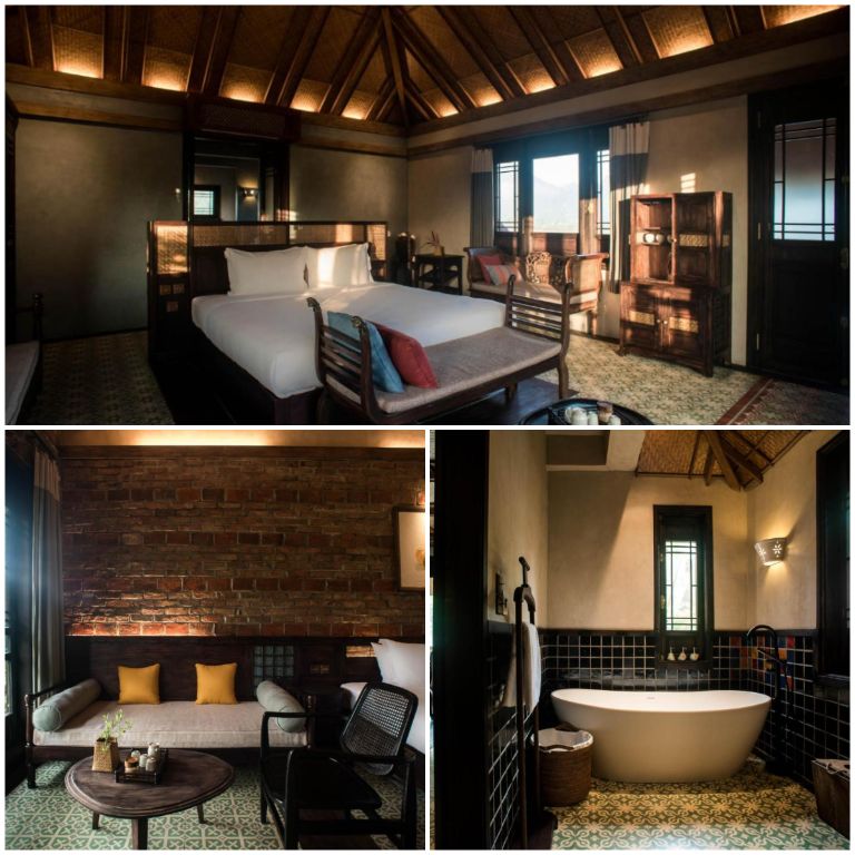 Các phòng ngủ được thiết kế với tông màu trầm cùng hệ thống cửa sổ nhìn ra hồ nước và rừng núi.