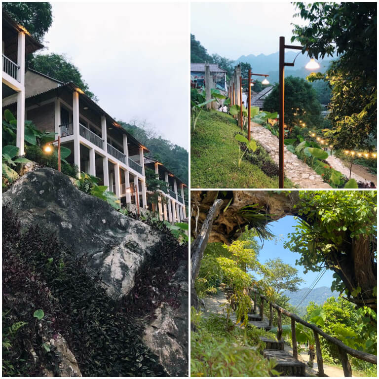 Khung cảnh bên ngoài của khu nghỉ dưỡng được bao bọc bởi rất nhiều cây cối xanh tươi và du khách có thể ngắm nhìn trọn vẹn cảnh núi đá vôi hùng vĩ. 