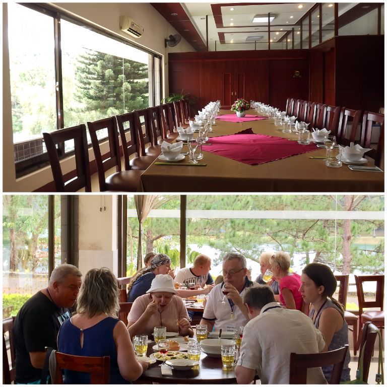Dambri Bảo Lộc Resort với nhà hàng mang kiến trúc cổ điển, phục vụ các món Á-Âu. 