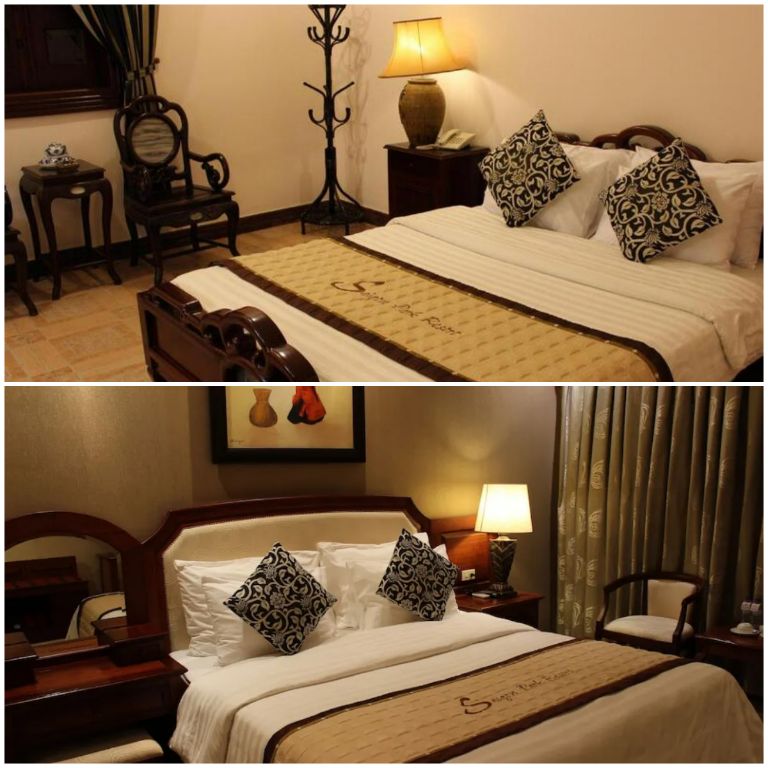 Các căn phòng ngủ tại đây được thiết kế theo phong cách cổ điển Việt Nam với nội thất gỗ màu nâu cánh gián và đèn ngủ ánh sáng vàng. (Nguồn: Internet)
