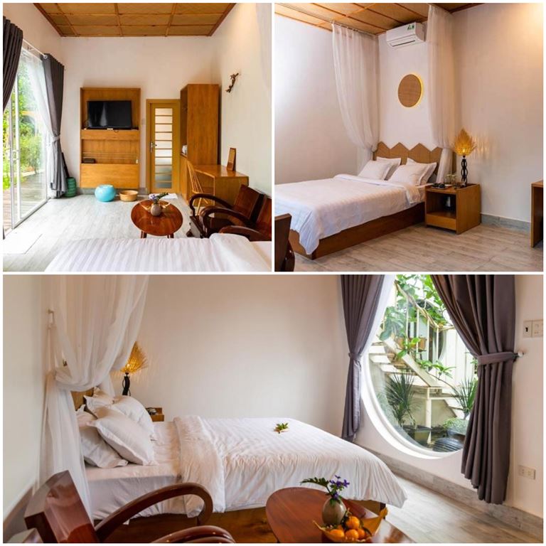 Phòng nghỉ tại Binh Minh Ecolodge mang sắc thái tươi tắn với tone màu trắng sáng, có cửa sổ tròn xinh xắn nhìn ra vườn hoặc hồ nước. 