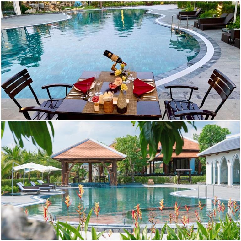 Resort đem đến bể bơi nước mặn được thiết kế độc đáo, là điểm check-in sống ảo không thể bỏ lỡ. 