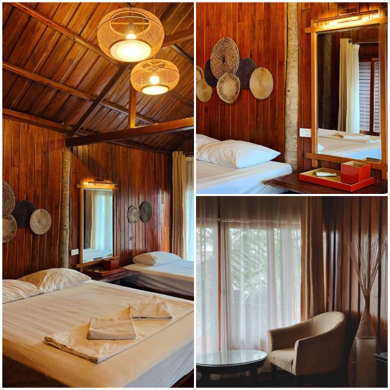Các phòng nghỉ bungalow của Monkey Island Resort được thiết kế theo phong cách truyền thống với gam màu vàng, cam làm chủ đạo.