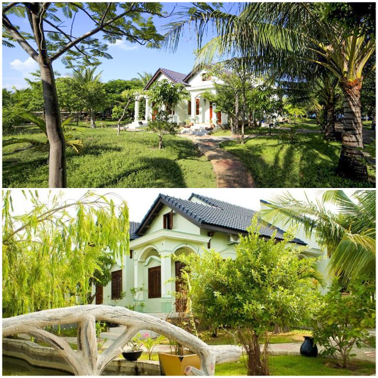 Resort Con Gà Vàng Ninh Thuận sở hữu các căn biệt thự tông trắng xanh coban nằm bao quanh bởi khu vườn nhiệt đới trong lành (nguồn: booking.com)