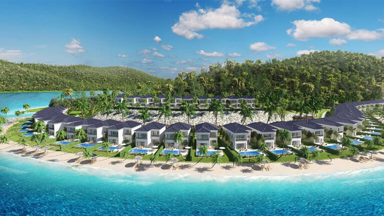 Vinpearl Cua Hoi Resort & Villas với các căn biệt thự bao quanh xây theo đường biển.