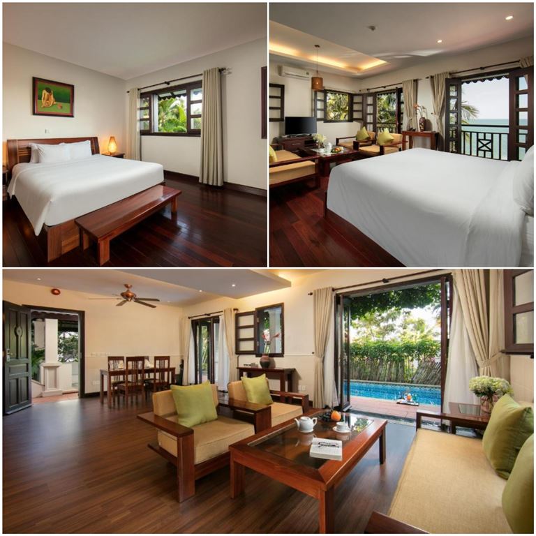 Son Tra Resort sở hữu các phòng nghỉ rộng rãi, trang bị giường ngủ, phòng bếp, phòng khách, ban công và hồ bơi riêng. 