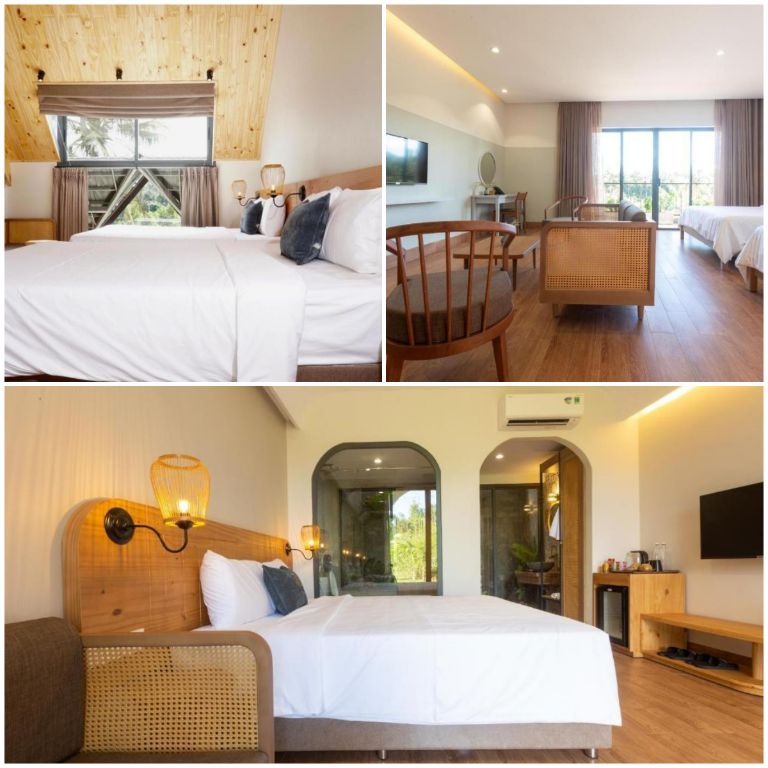Các hạng phòng tại khu resort này được thiết kế tươi sáng, ấm cúng với màu trắng và nâu gỗ. (nguồn: booking.com)