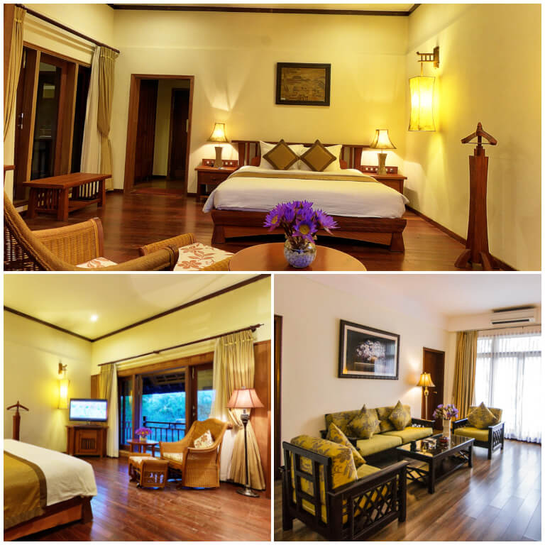 Các căn phòng tại Sun Spa Resort Quảng Bình có thiết kế ấm cúng bởi nội thất được làm từ gỗ và sử dụng tông màu ấm là màu chủ đạo.