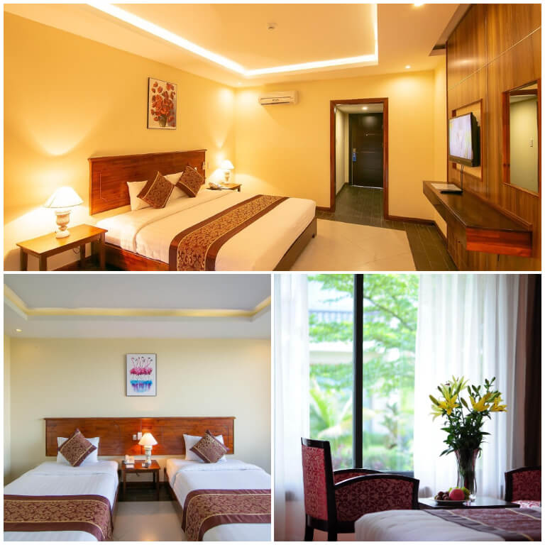 Các căn phòng tại Bảo Ninh Beach Resort có thiết kế đơn giản và ấm cúng với sức chứa tối đa là 3 người, phù hợp với các gia đình hoặc cặp đôi. 