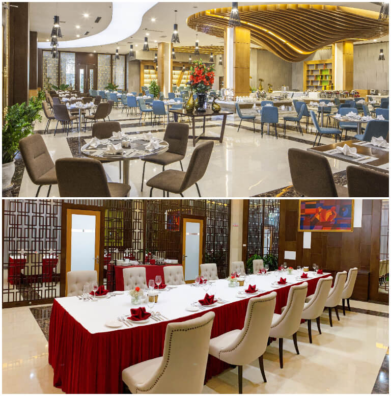 Nhà hàng Lệ Thủy cao cấp nằm ở sảnh chính tầng 1 sẽ là địa điểm thưởng thức ẩm thực dành cho khách lưu trú tại đây. 