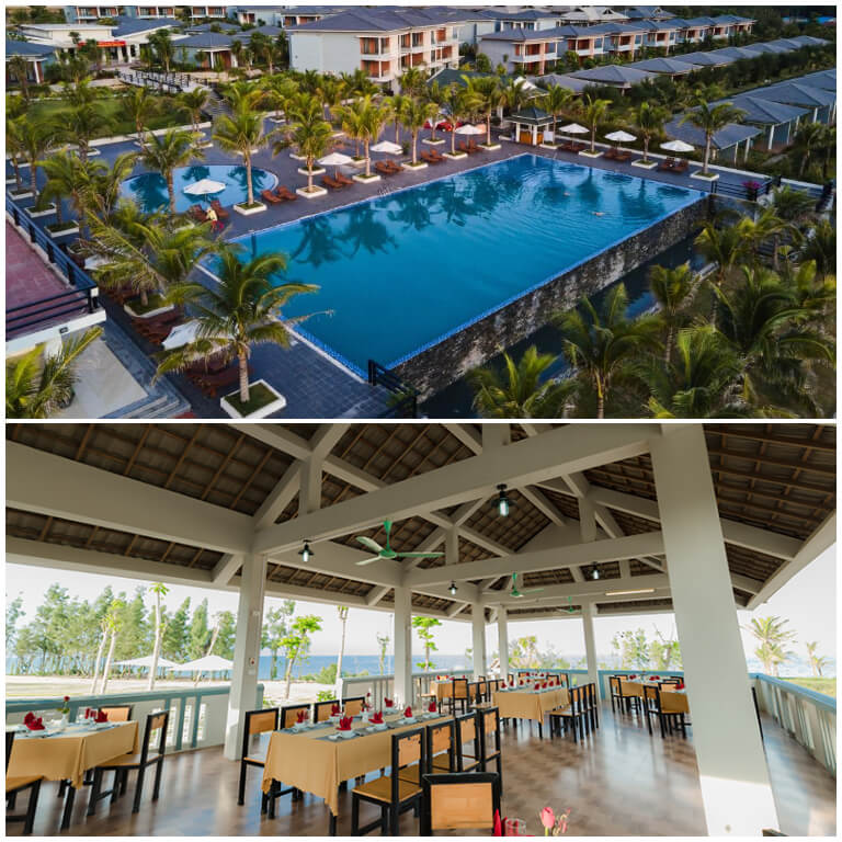 Tiện ích nổi bật của Sea Star Resort Quang Binh là bể bơi ngoài trời rộng rãi và nhà hàng trên biển có không gian thoáng đãng.