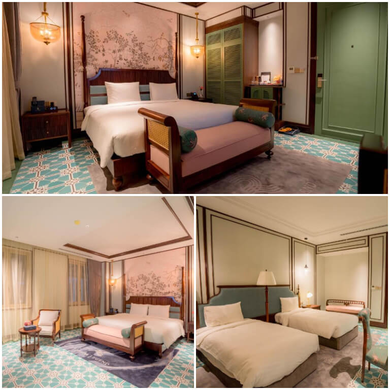 Không gian nội thất của các hạng phòng ngủ là sự kết hợp của tông màu trung tính nổi bật là màu xanh và màu sắc của đồ gỗ, đồ mây tre đã gợi được chất Á Đông