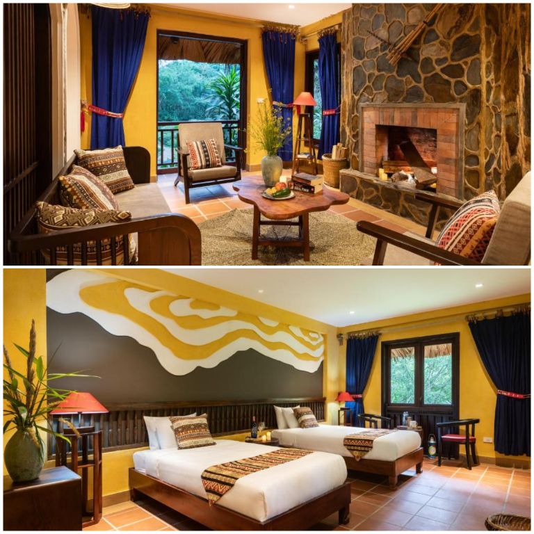 Panhou Retreat Resort Hà Giang sở hữu phòng nghỉ mang thiết kế độc lạ với tường vẽ hoạ tiết dân tộc (nguồn: booking.com)