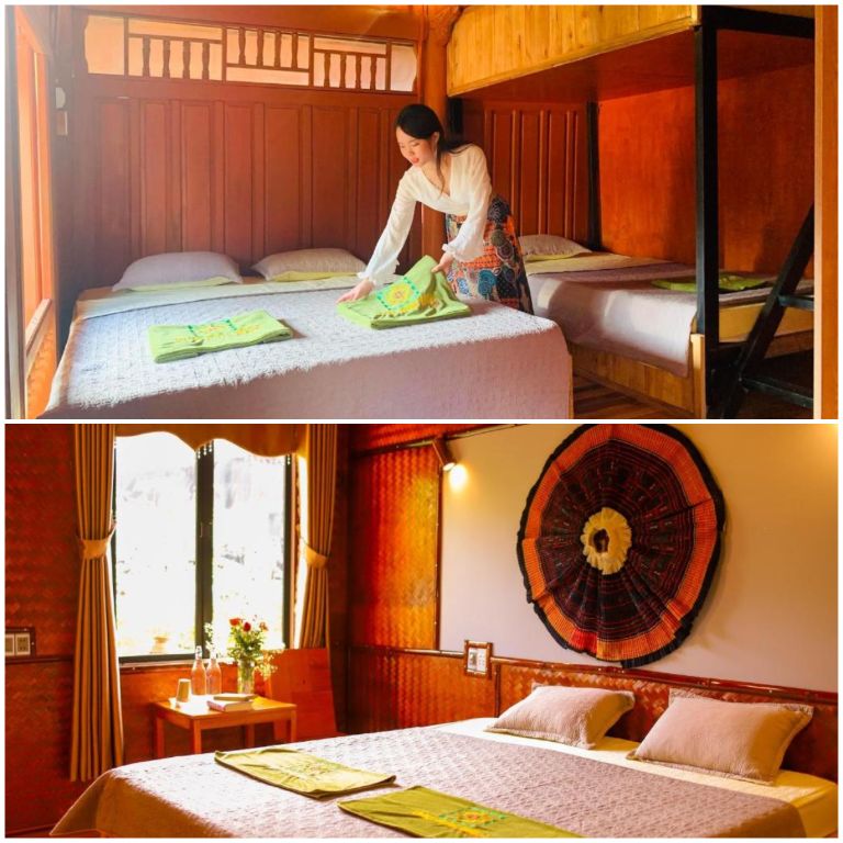 Golden Jungle House Resort Hà Giang có hệ thống phòng ốc cổ điển, tông gỗ sáng màu, hoạ tiết trang trí đậm chất dân tộc (nguồn: booking.com)