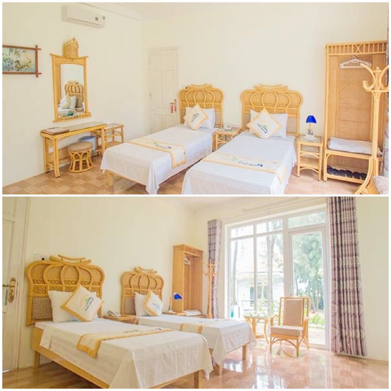 Khu nghỉ dưỡng Thiên Đường Xứ Thanh sở hữu không gian phòng ngủ có thiết kế giường vương miện độc đáo với gam màu vàng sáng trẻ trung (nguồn: agoda.com)