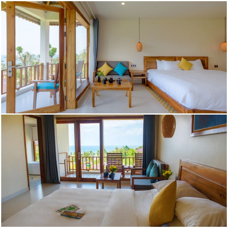 Camia Resort &amp; Spa sở hữu các căn phòng mang lối thiết kế ấm cúng, nội thất gỗ sáng màu và có view nhìn thẳng ra biển. 
