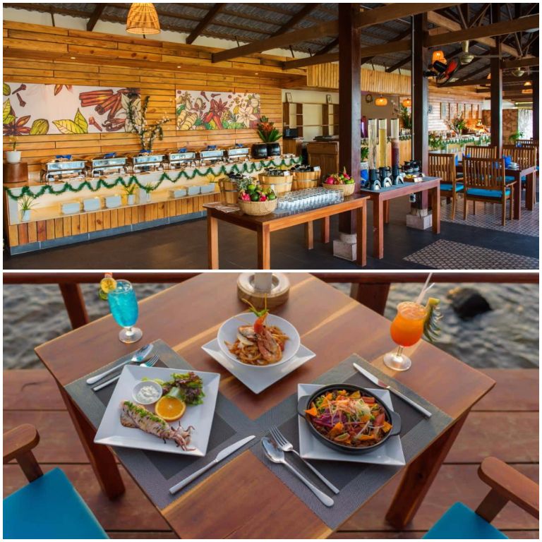 Nhà hàng Camia Resort & Spa được thiết kế hoà nhập với thiên nhiên, cung cấp các món ăn từ Á giản dị đến Âu sang chảnh.