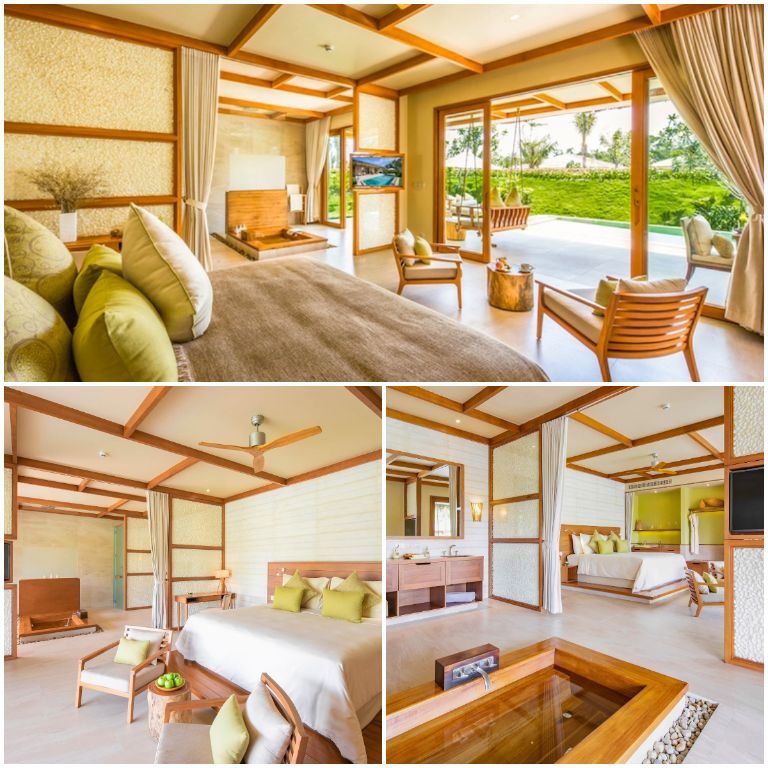 Fusion Resort với hệ thống phòng nghỉ hiện đại, sang trọng sử dụng tông màu trầm ấm kết hợp nội thất gỗ sáng màu hài hòa.