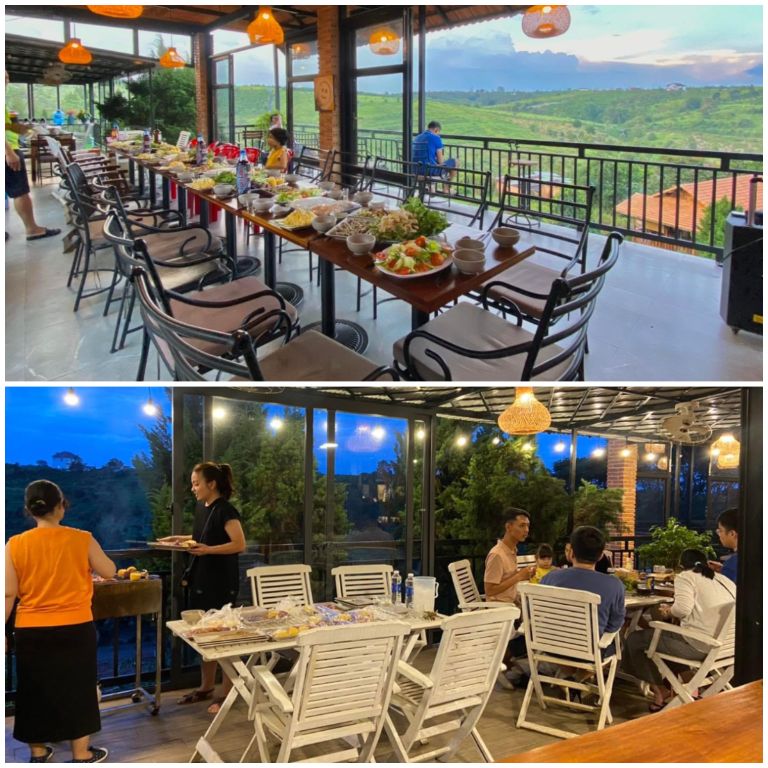 Sen villa Resort Bảo Lộc với nhà hàng phục vụ các bữa ăn từ nguyên liệu chính vườn tại resort. 