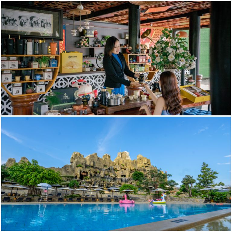 Tea resort với khu bể bơi xanh mướt cùng khu nhà hàng với đa dạng món ăn. 