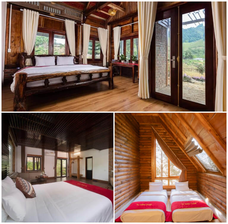 Giường được trang bị trong phòng là giường kingsize rộng lớn, chất liệu gỗ được sử dụng chủ yếu từ trần nhà cho đến sàn nhà đem lại không gian ấm cúng và gần gũi thiên nhiên. 