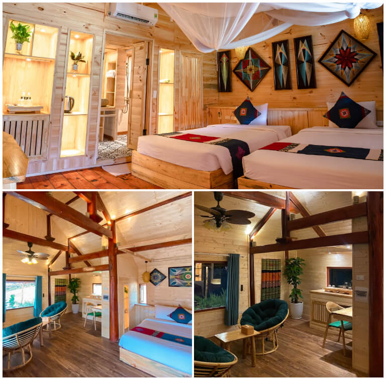 Căn phòng tại Phoenix Mộc Châu Resort được thiết kế hiện đại và được trang trí bằng những chi tiết thổ cẩm sặc sỡ cùng với việc sử dụng gỗ khiến phòng trở nên ấm cúng. 
