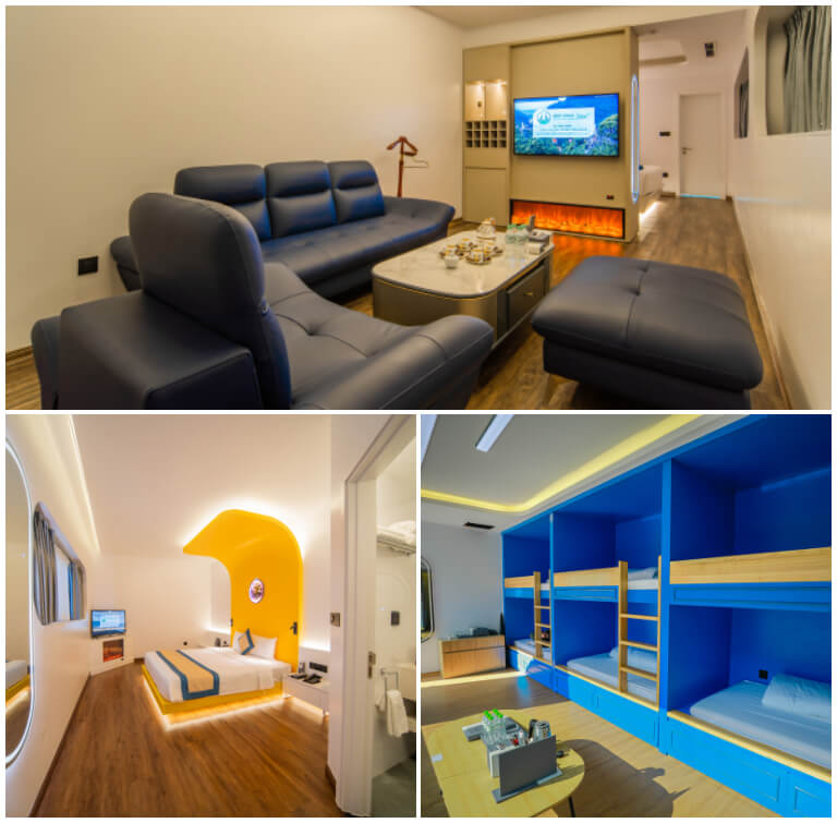 Khách sạn đoàn tàu là khu phòng nghỉ chính của Mộc Châu Island, sử dụng tone màu trắng làm chủ đạo kết hợp với các màu sắc mạnh đem lại điểm nhấn cho căn phòng. 