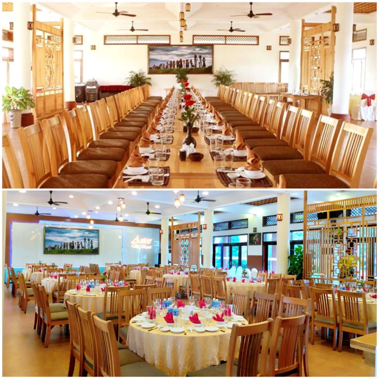 Khu nghỉ dưỡng cung cấp 1 nhà hàng theo kiểu truyền thống gia đình với menu món ăn chủ yếu phục vụ các món Á-Âu quen thuộc (Nguồn: Internet)
