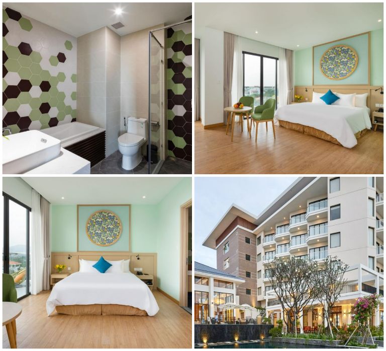 Hệ thống hơn 100 phòng nghỉ khách sạn được thiết kế theo phong cách hiện đại, trẻ trung với các gam màu nổi bật như xanh lá cây và xanh mint. (Nguồn: Internet)