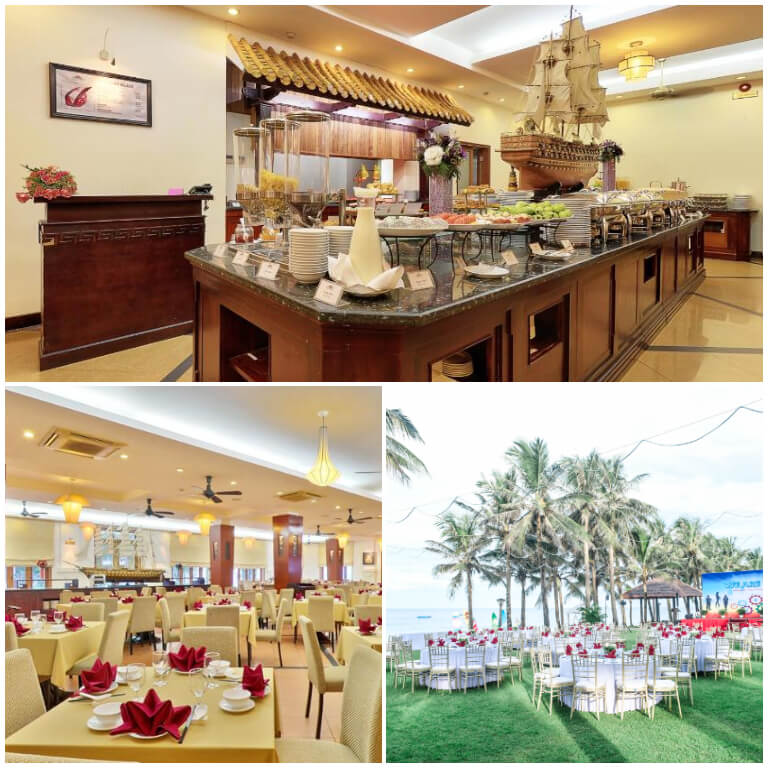 Nhà hàng tại Sun Spa Resort Quảng Bình có thiết kế rộng lớn, phục vụ đa dạng các món ăn từ Á đến Âu và nhận đặt tiệc ngoài trời. 