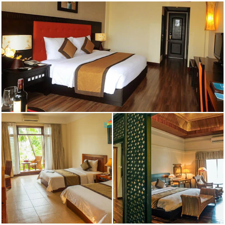 Các căn phòng tại Sun Spa Resort Quảng Bình sử dụng gam màu chủ đạo là be, trắng và nâu kết hợp với nội thất làm từ gỗ khiến cho căn phòng trở nên ấm cúng.