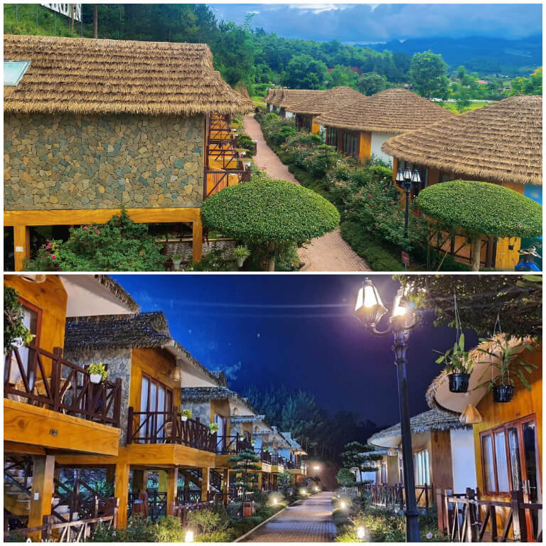 Các căn phòng tại Mộc Châu Eco Garden Resort mang phong cách Bungalow độc đáo và có cấu trúc 2 tầng lầu, nổi bật là mái nhà lợp lá cùng với tường đá con ong và khung nhà gỗ. 