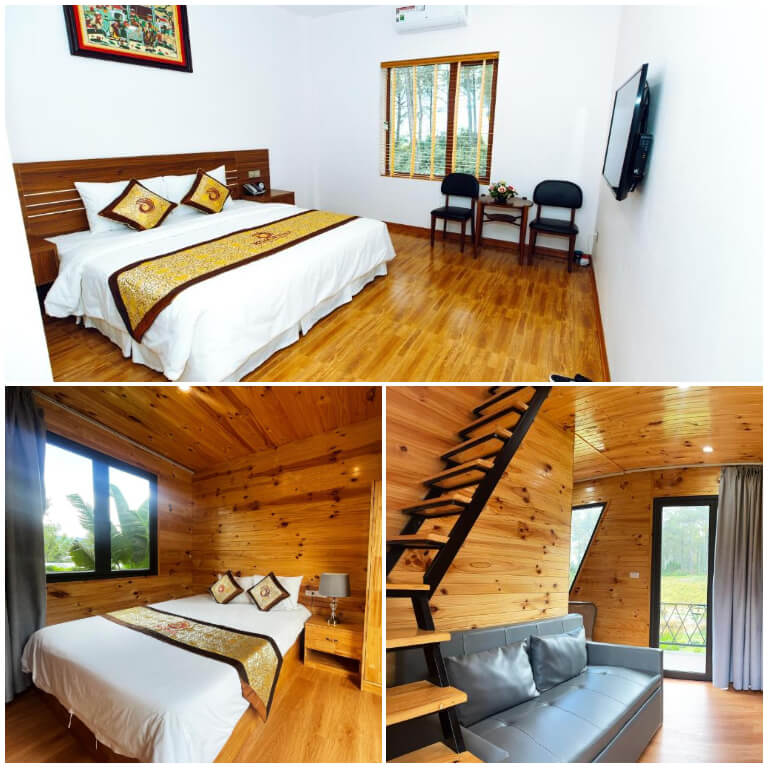 Phòng có thiết kế hiện đại với nội thất được sử dụng chủ yếu là chất liệu bằng gỗ đem lại sự gần gũi thiên nhiên cho du khách. 
