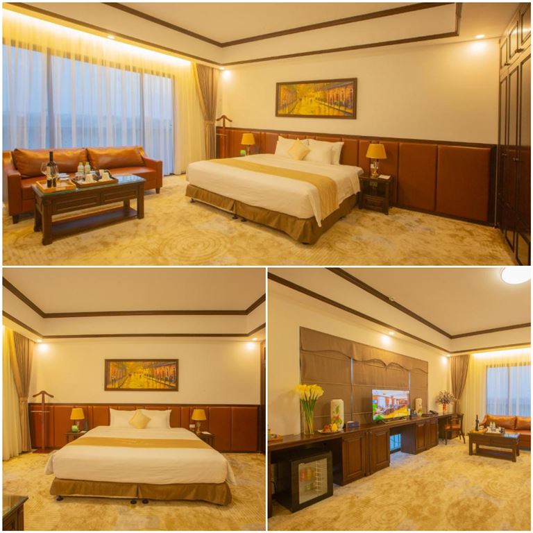 Không gian phòng nghỉ vừa hiện đại vừa cổ điển, hoàng gia với tone màu vàng và nâu ấm áp.