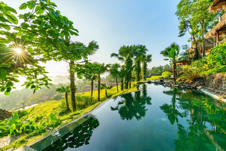 Resort Pù Luông Retreat sở hữu bể bơi vô cực rộng, view toàn cảnh thung lũng cực mê nhất là vào mùa lúa chín (nguồn: booking.com)