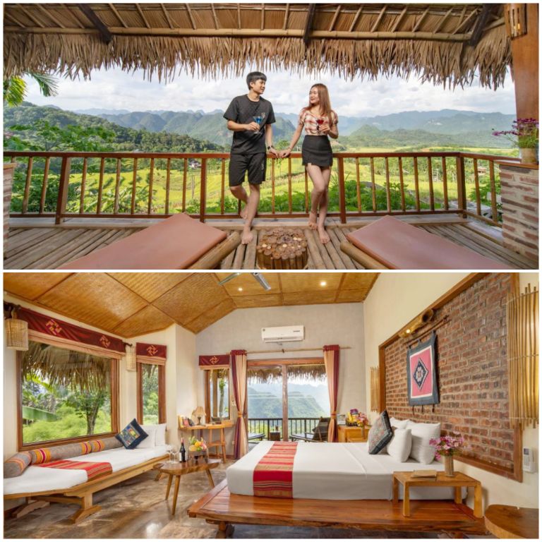 Resort Pù Luông Retreat sở hữu phòng nghỉ có ban công rộng lớn hướng view núi rừng, ruộng bậc thang (nguồn: booking.com)