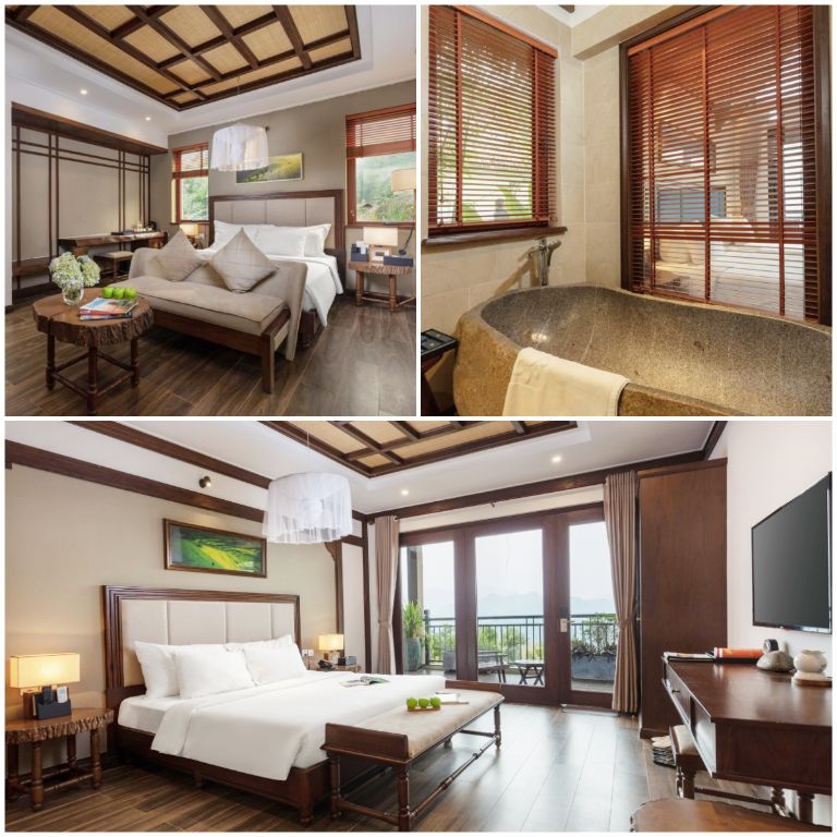 Ebino Pù Luông Resort and Spa sở hữu hệ thống phòng nghỉ thiết kế hiện đại, trần nhà thiết kế khung gỗ lớn độc đáo (nguồn: booking.com)