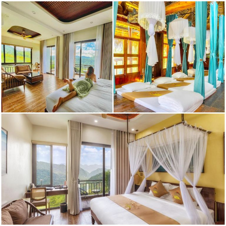 Central Hills Pù Luông Resort sở hữu hệ thống phòng nghỉ hiện đại với tông vàng nổi bật, view mở ôm trọn khung cảnh bên ngoài (nguồn: booking.com)