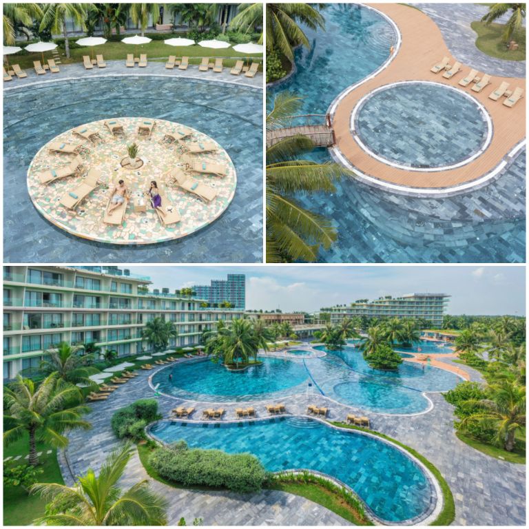 FLC Resort Sầm Sơn Thanh Hoá sở hữu bể bơi nước mặn lớn nhất Việt Nam với thiết kế nhiều chòi lớn độc đáo "nổi" giữa mặt bể (nguồn: agoda.com)