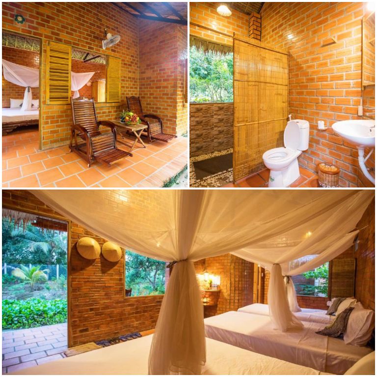 Mekong Rustic Resort sở hữu phòng nghỉ được thiết kế từ các nguyên liệu từ thiên nhiên và mỗi phòng đều có sân hiên được trang bị ghế bành.