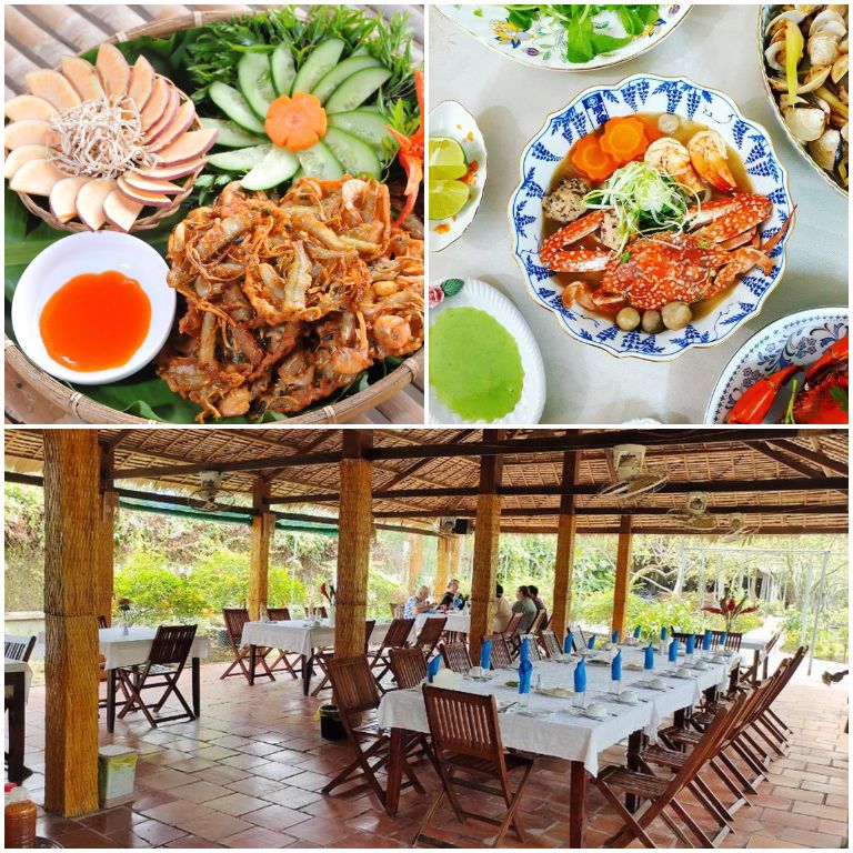 Mekong Ecolodge Resort với nhà hàng thiết kế mở nằm trong khuôn viên mang đến các món ăn đặc sản của vùng Nam Bộ.